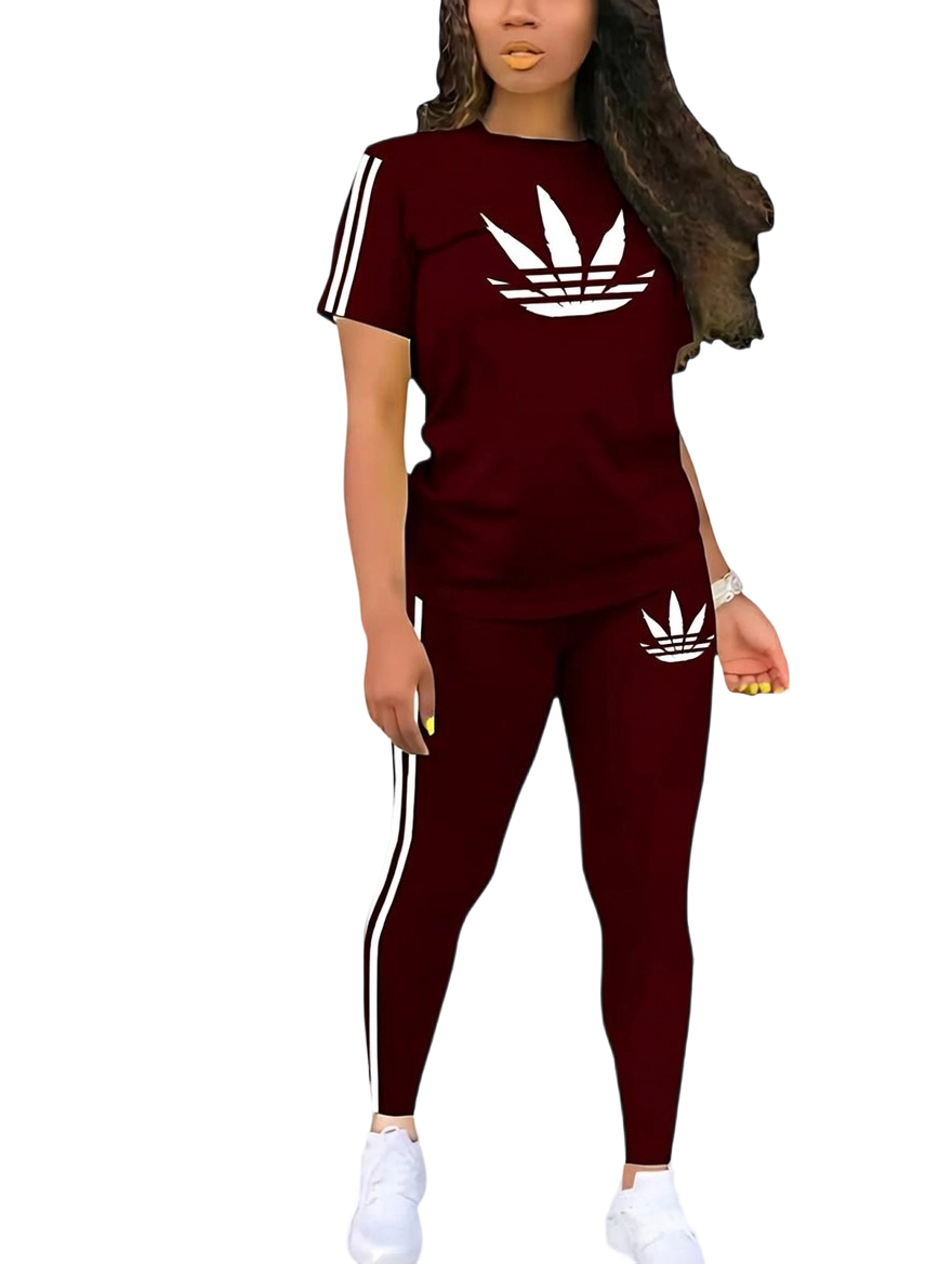 Women's Printed Casual Sporty Round Neck Drawstring Short Sleeve and Long Pants Two-Piece Set