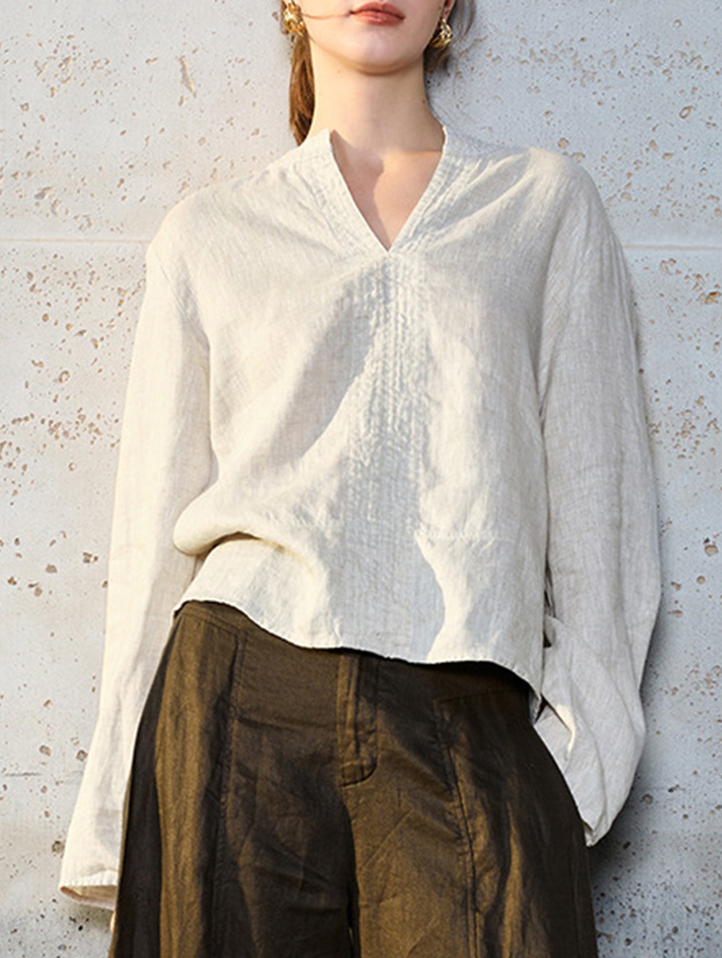 Pure Linen V Neck Long Sleeve Work Tee_CWTBLL02353
