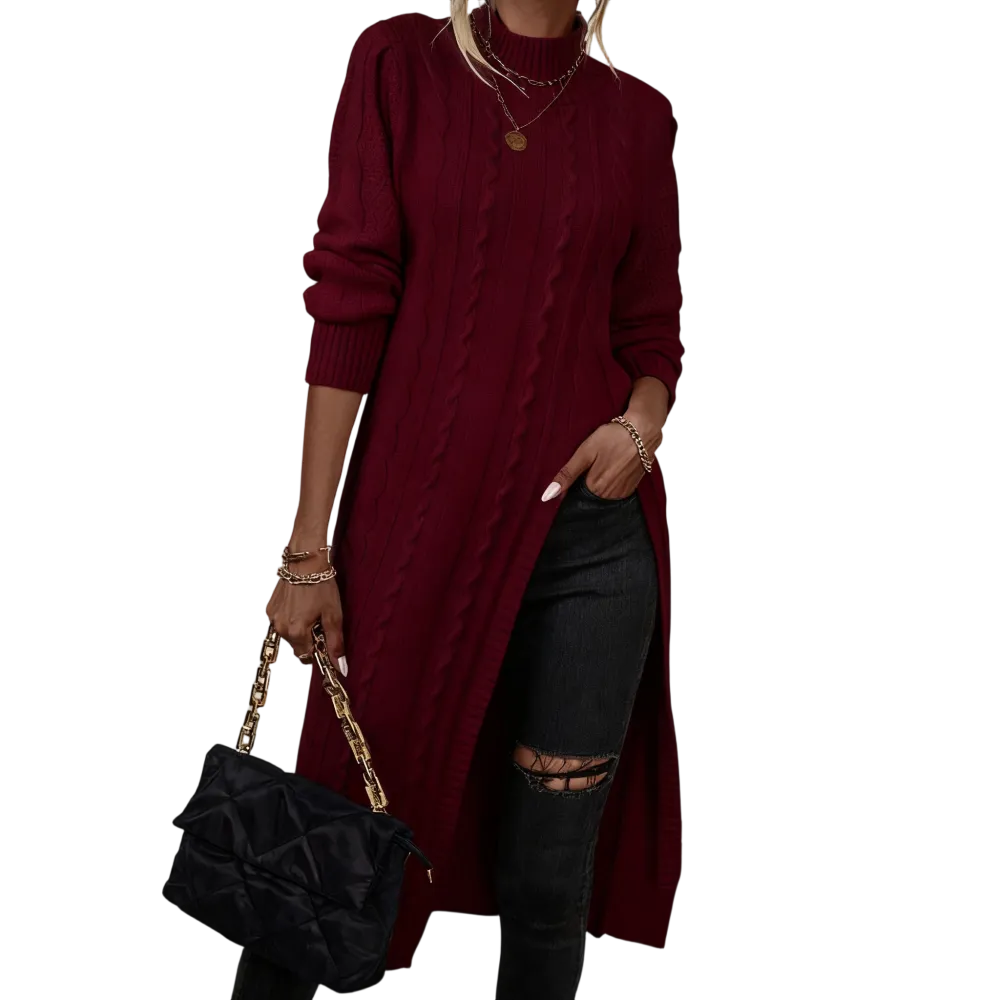 Sweater Mock Neck Split Hem Cable Knit Longline for Fall