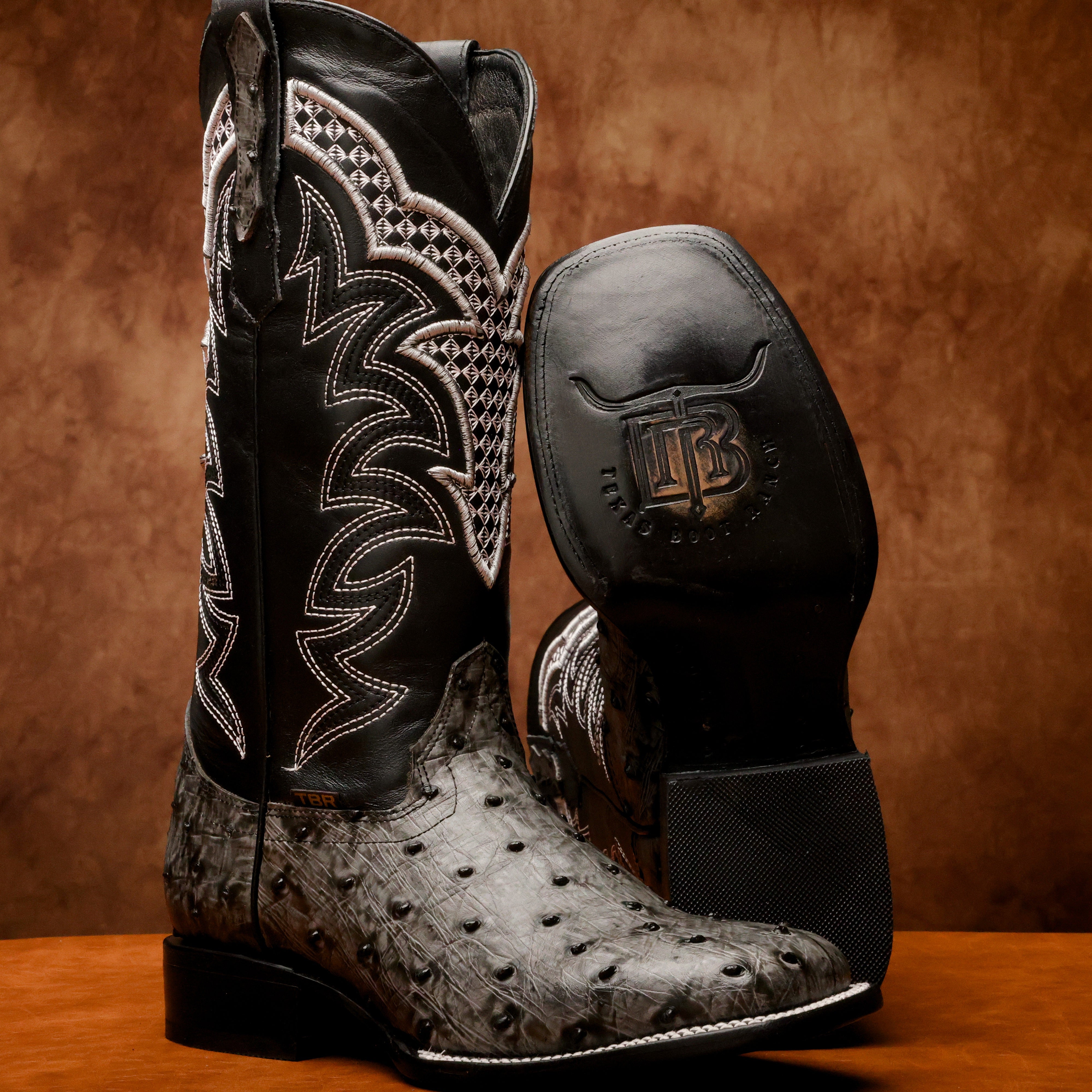 Grey Ostrich Leather Boots - Square Toe