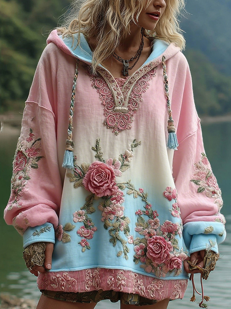 Love & Health Collection Vintage Rose And Floral Art Linen Long Sleeve Hoodie