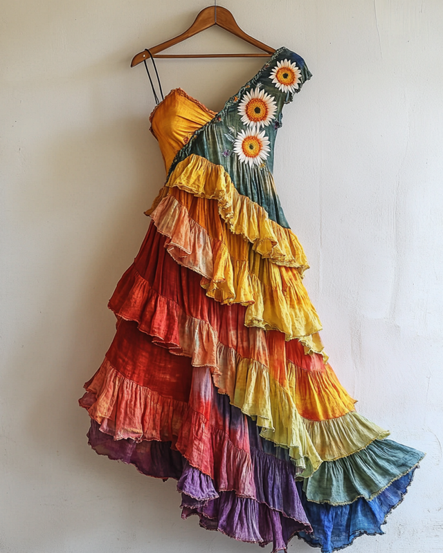 Rainbow Ruffle Daisy Embroidered Irregular Dress 5423