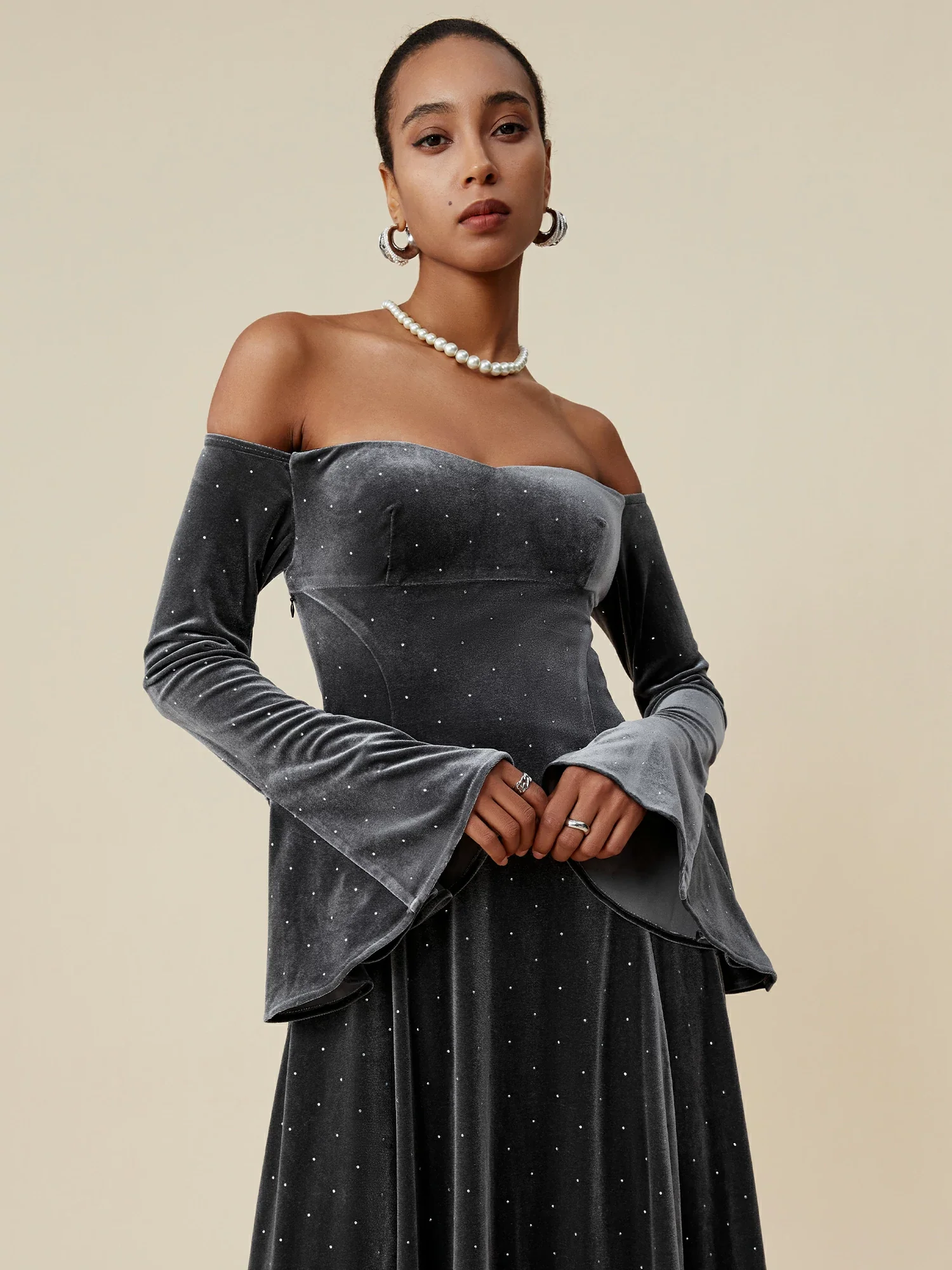 Velvet Rhinestone Long Sleeve Off-Shoulder Dress