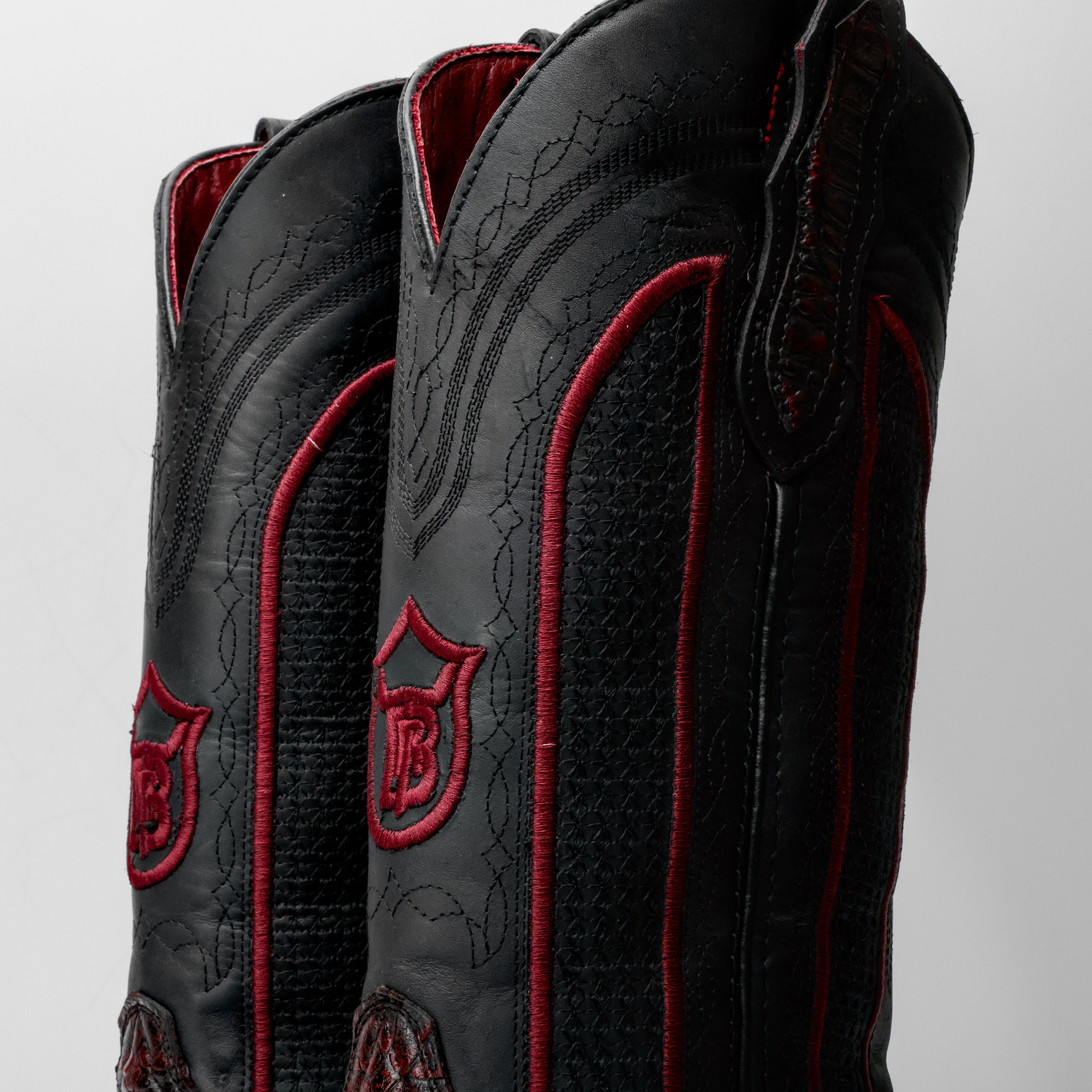 Black Cherry Caiman Belly Leather Boots - Square Toe