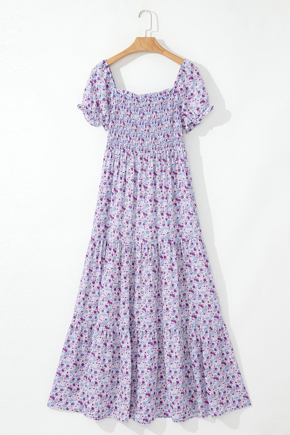 Purple Floral Short Bubble Sleeve Smocked High Waist Maxi Dress