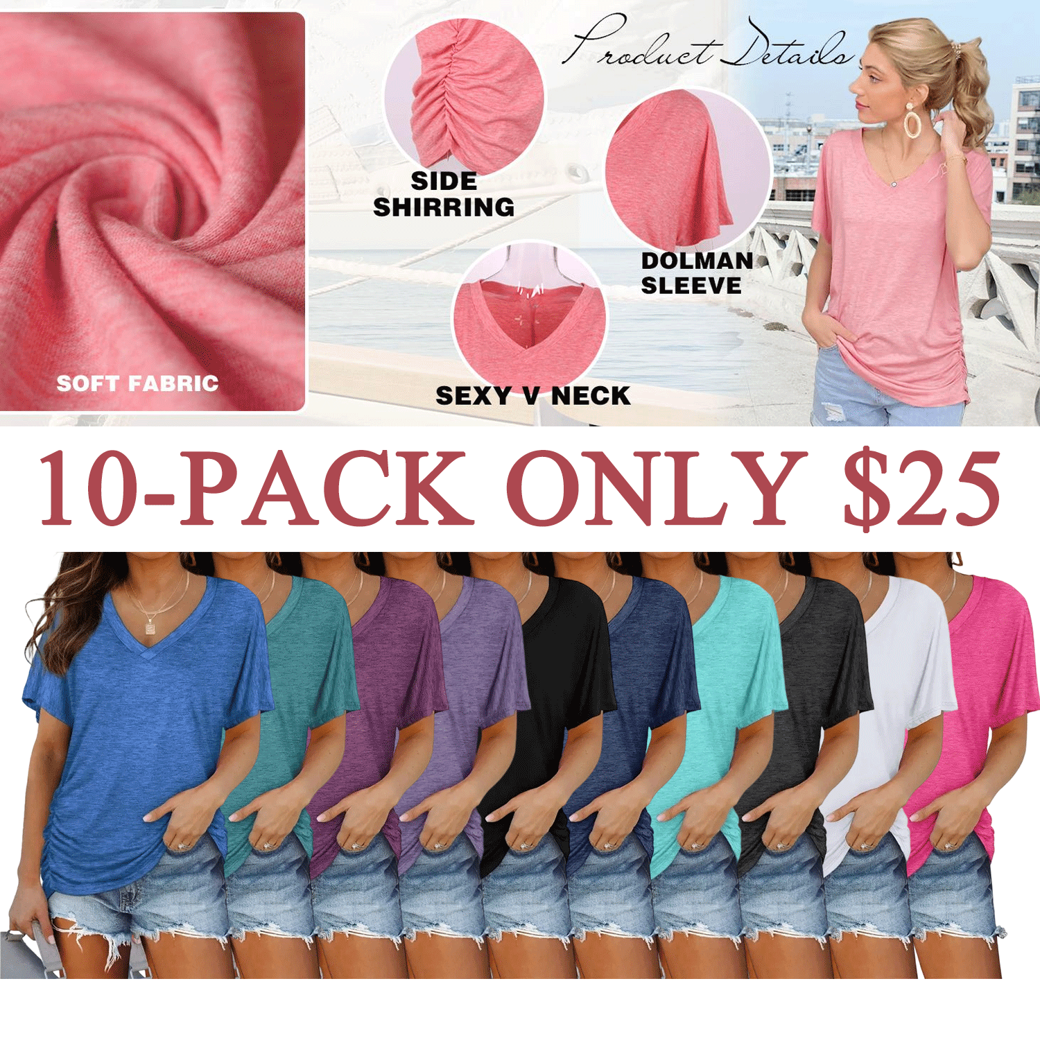 🔥Women’s V-Neck Dolman Sleeve Top with Side Shirring – Loose Fit Casual Shirt