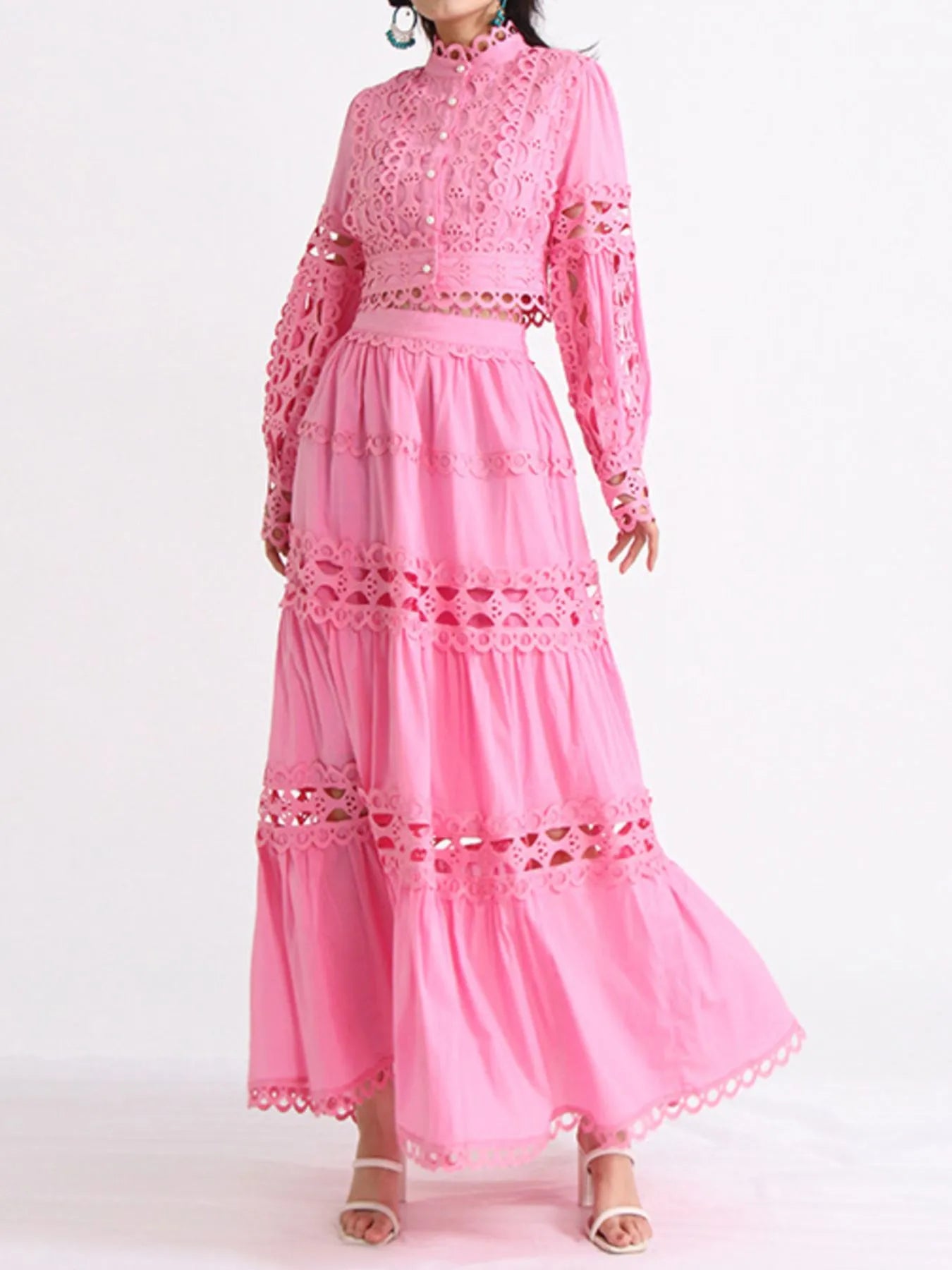 Lace Button Up Long Sleeve Top and Skirt Set