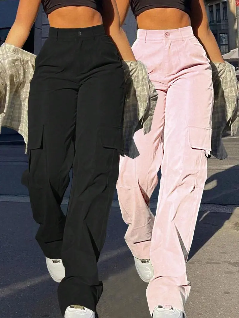 Women's Plain Flap Pocket Button High Waist Cargo Pants