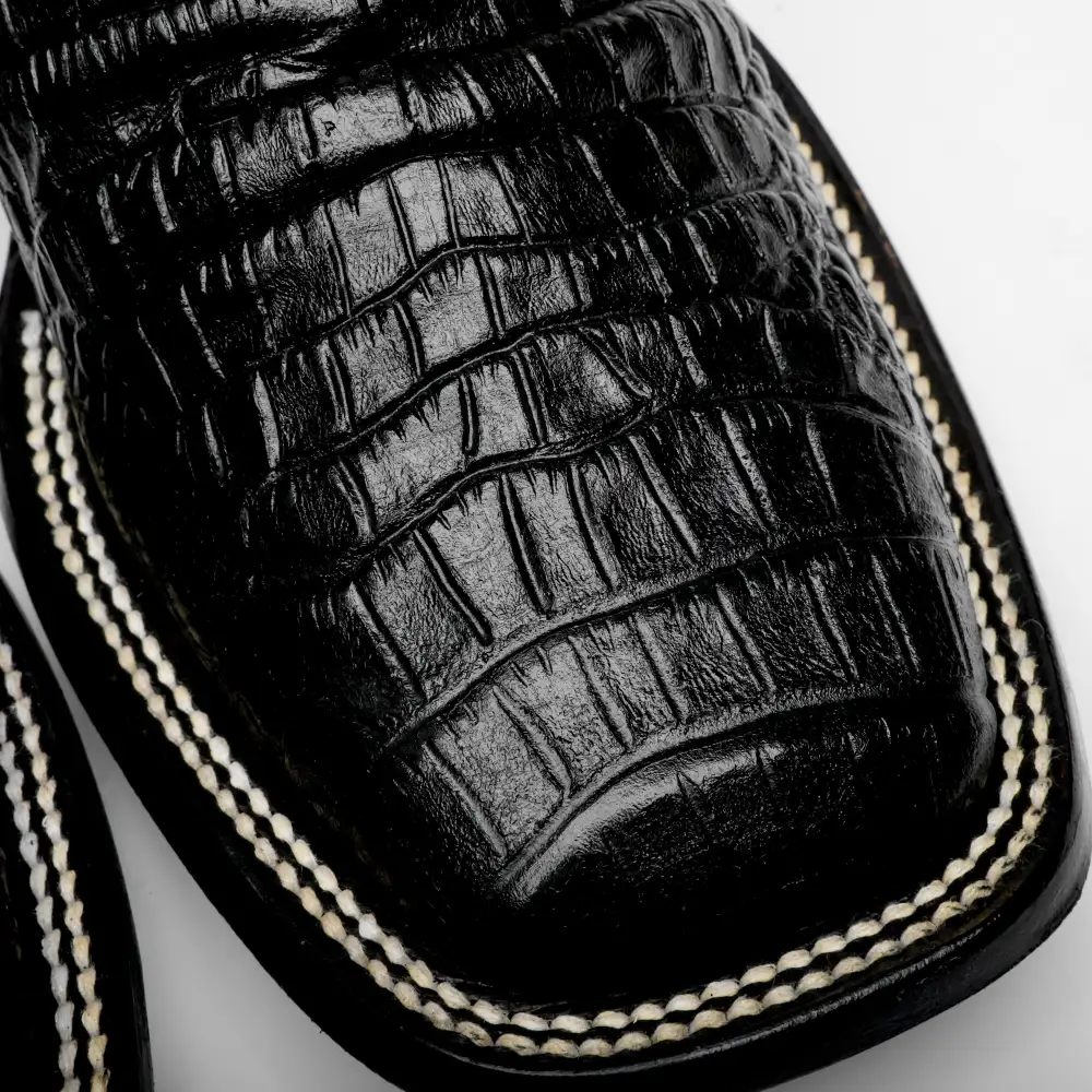 Total Black Caiman Belly Leather Boots - Square Toe