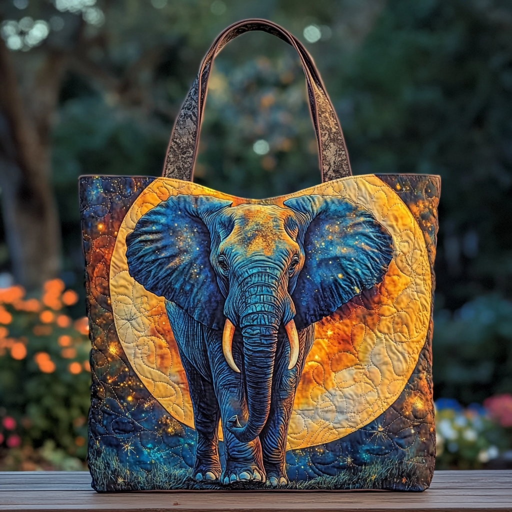 Guardian of the Night — Moonlit Elephant Quilted Tote Bag 🌙🐘
