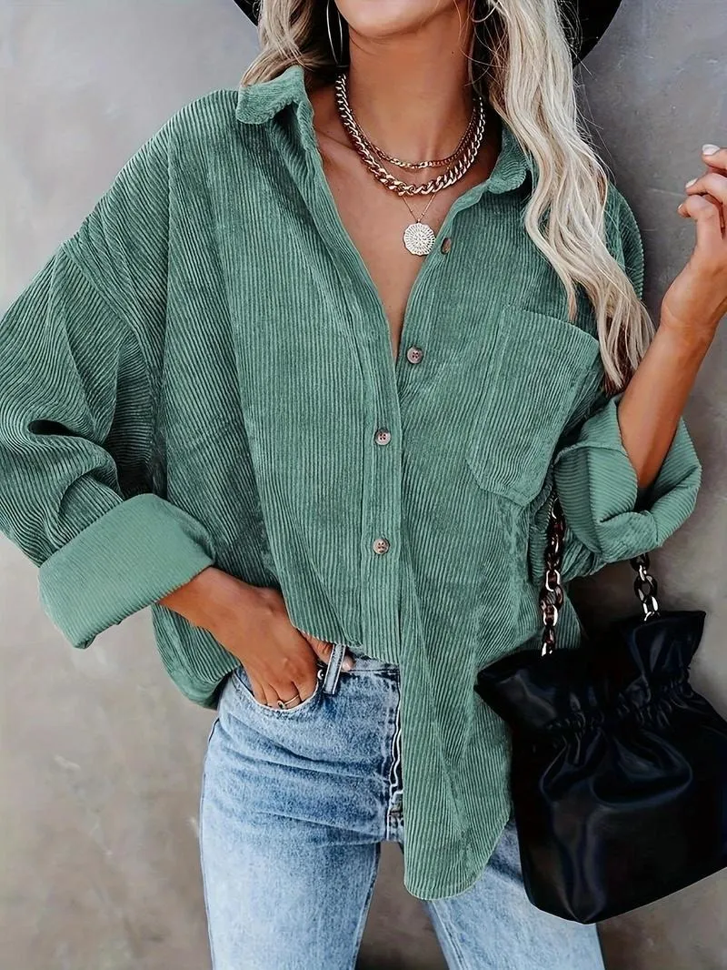 Women's Plain Pocket Button Front Corduroy Shirt
