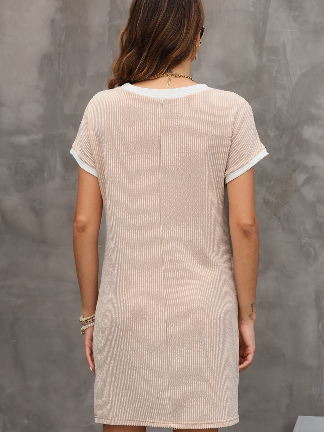 Twisted Ribbed Color Block Trim T Shirt Shift Dress