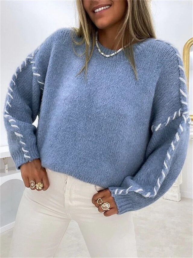 Women's Sweater Casual Soft Pure Color Ribbed Crew Neck Knitted Long Sleeve Regular Tops