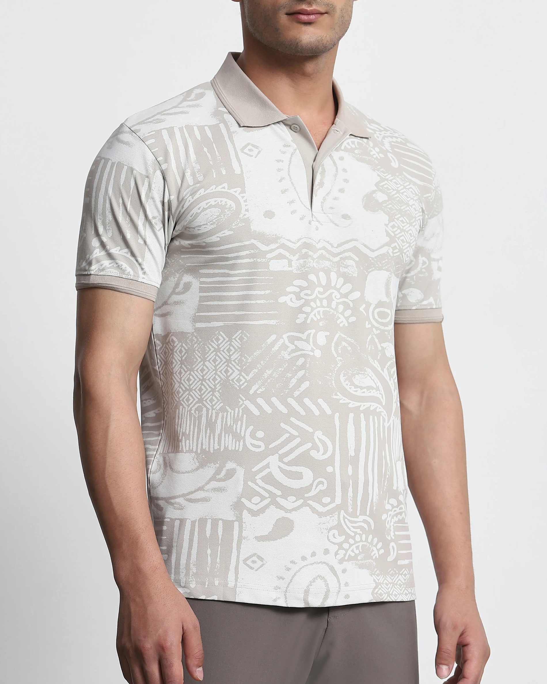 Daily Simple And Slimming Grey Abstract Print Polo Shirt