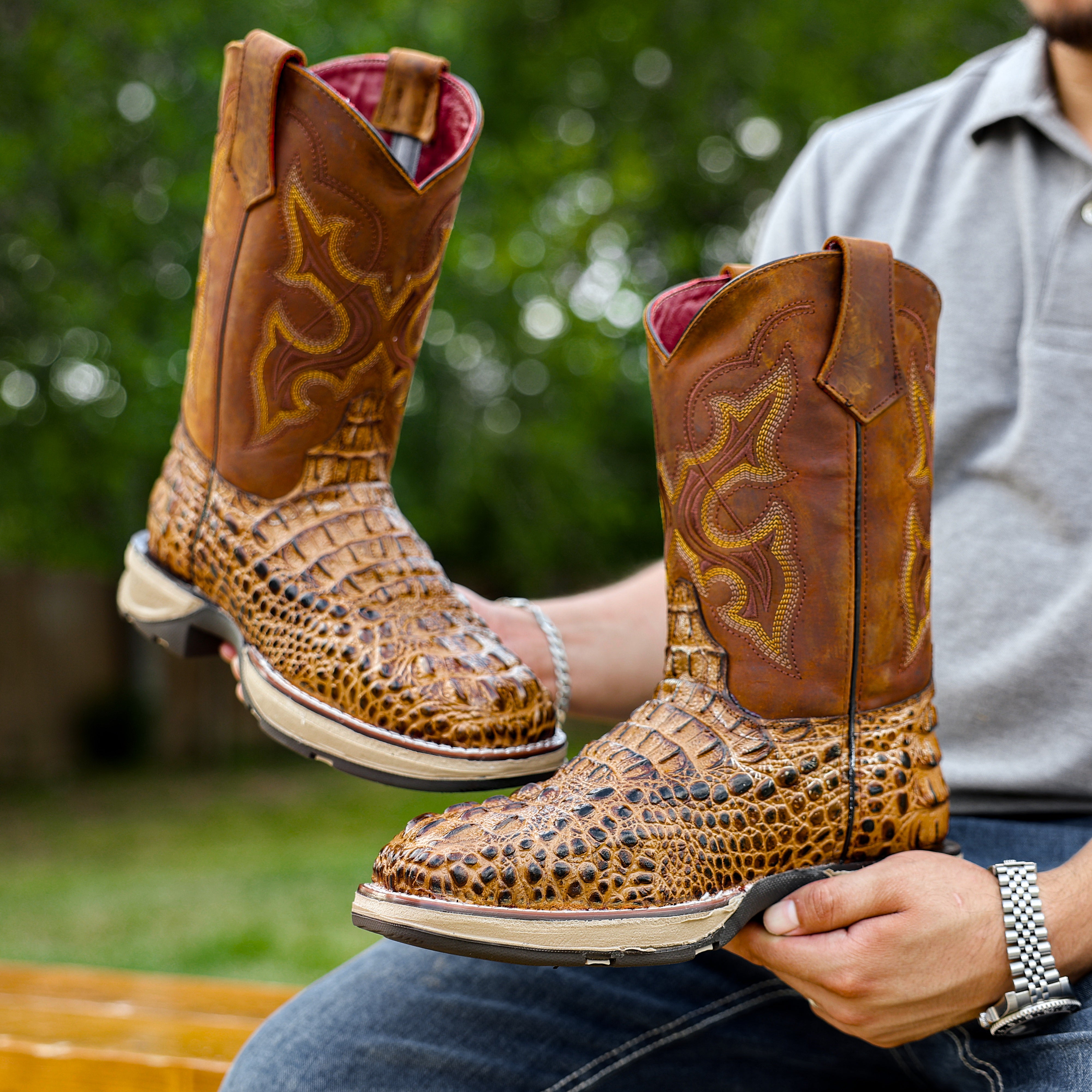 Honey Caiman Neck Leather Boots With 3D Lightweight Sole - Composite Toe