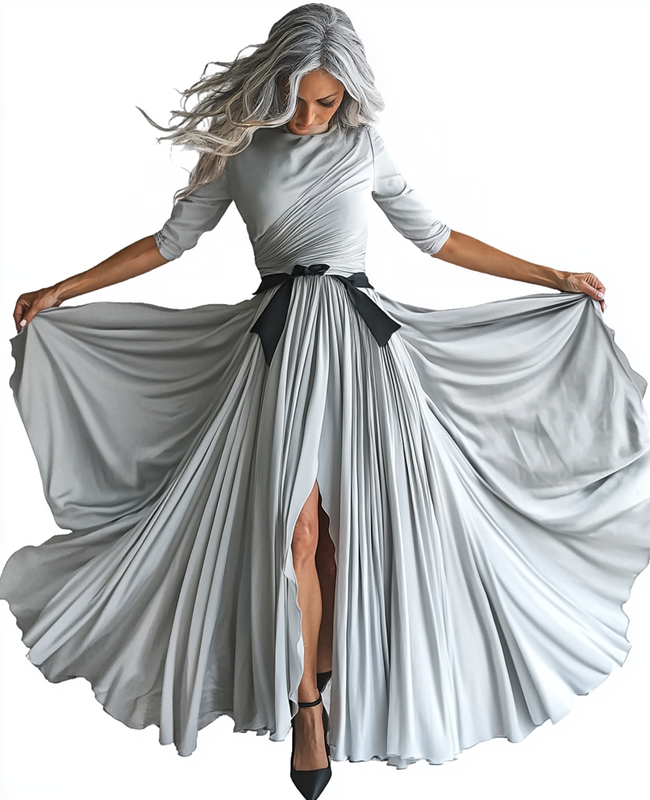 Spring loose color solid grey swing dress 359c