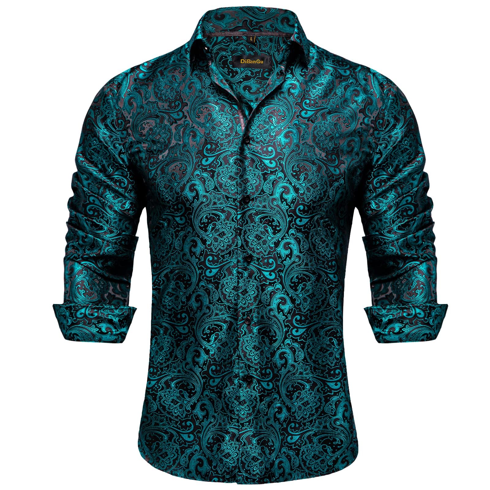 Men's Paisley Dress Shirt Long Sleeve Wrinkle Free Button Down Cowboy Shirts - Black&teal&paisley