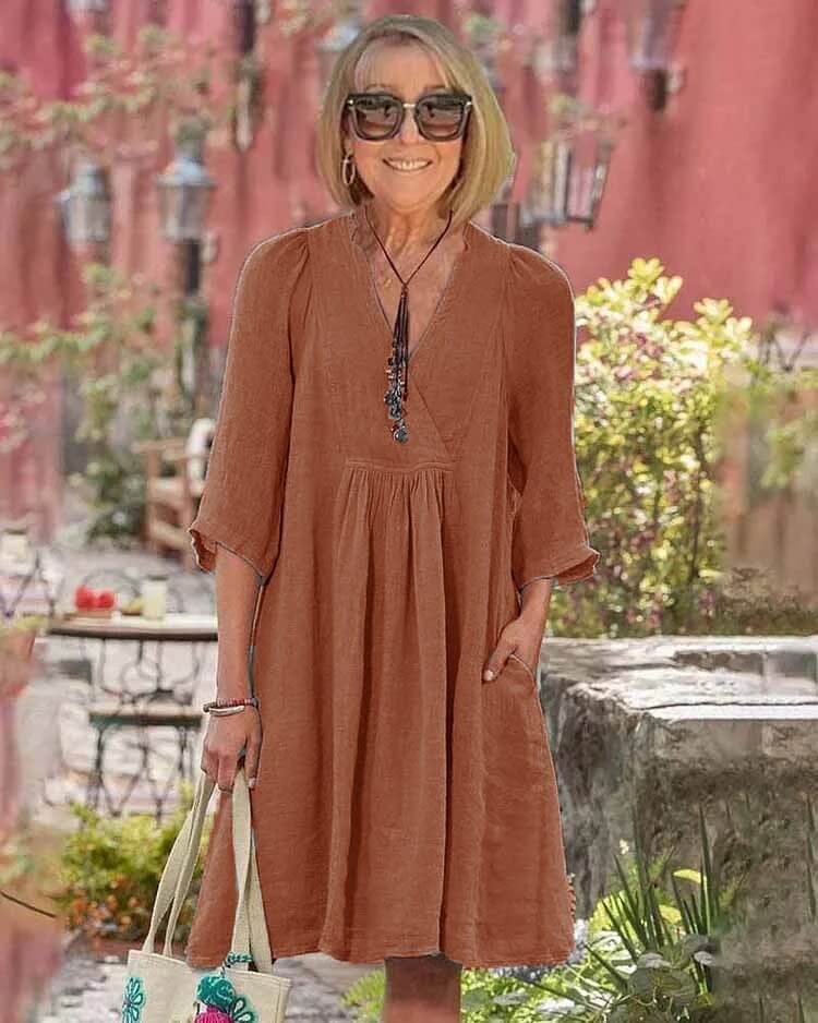 Women's Cotton and Linen Half Sleeve V-neck Loose Casual Pocket Dress