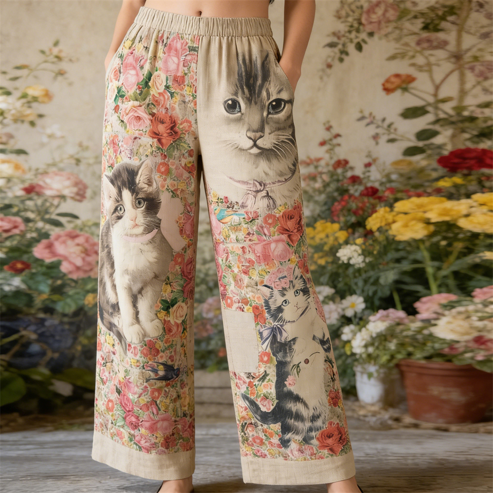 Boho Floral Cat Pattern Vintage Women's Linen Trousers