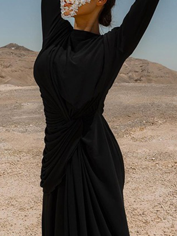 Solid Color Long Sleeves Mermaid Round-neck Maxi Dresses Evening Dresses