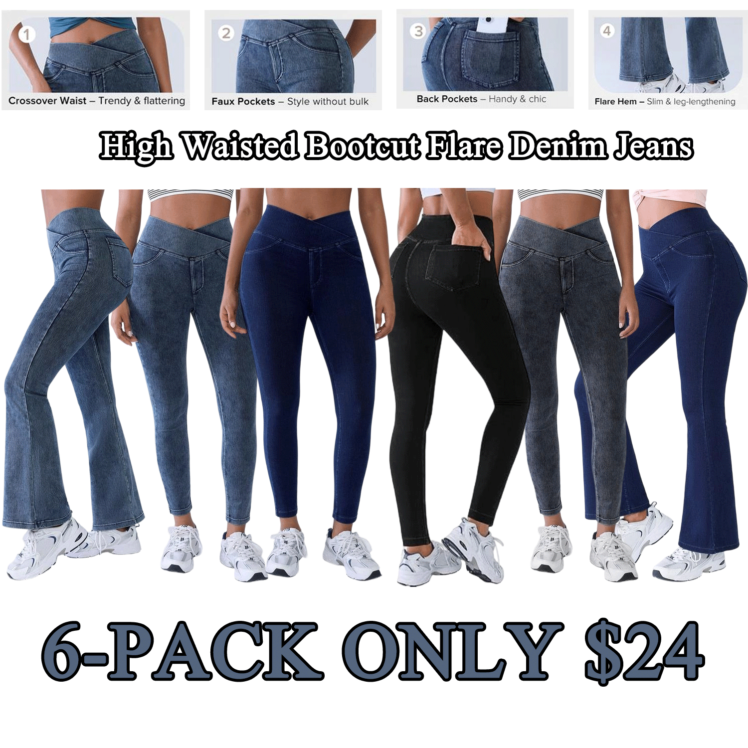 Women’s High-Waisted Bootcut Flare Jeans – Crossover Waist, Stretch Denim & Back Pockets