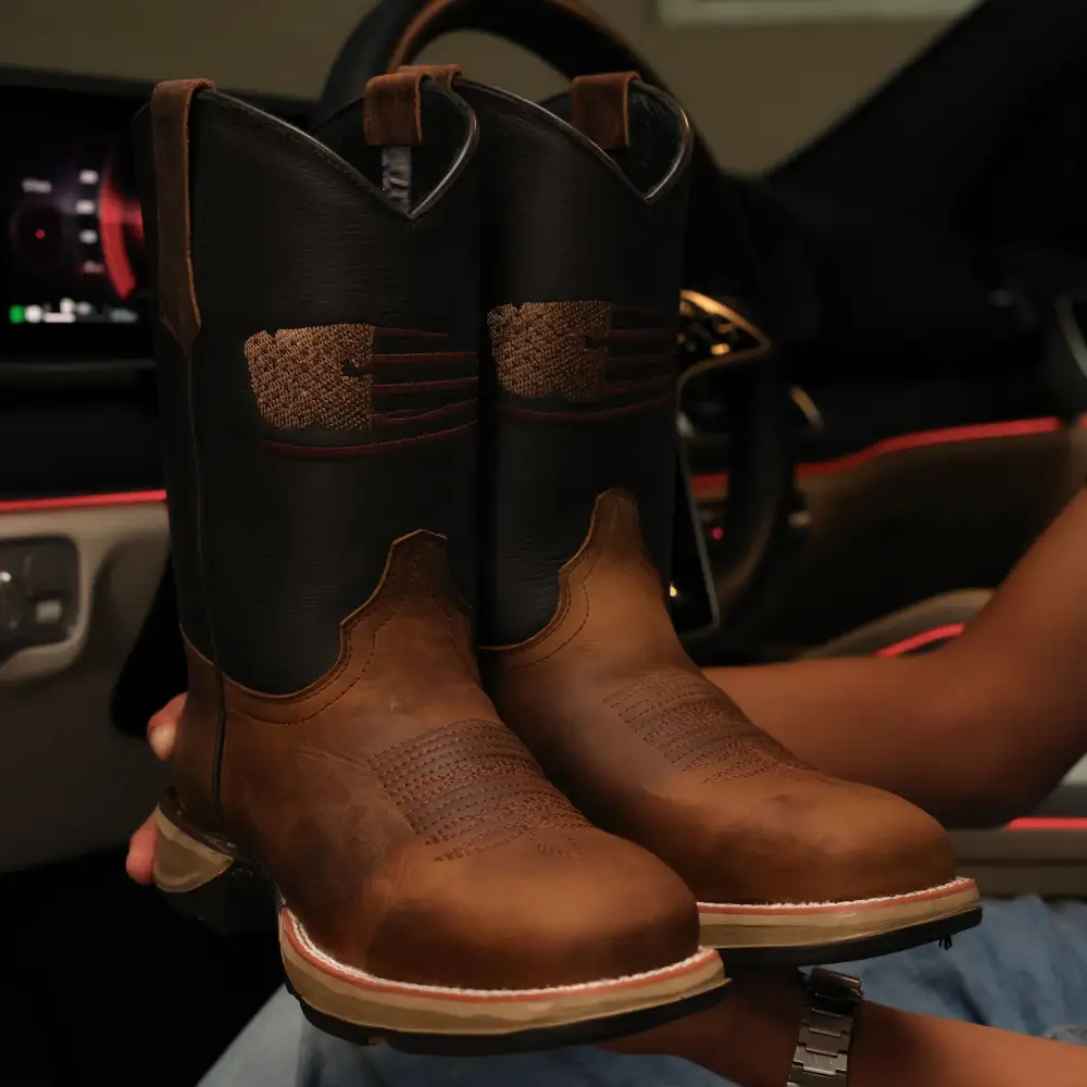 Distressed Brown “American Flag” Leather Work Boots - Square Toe