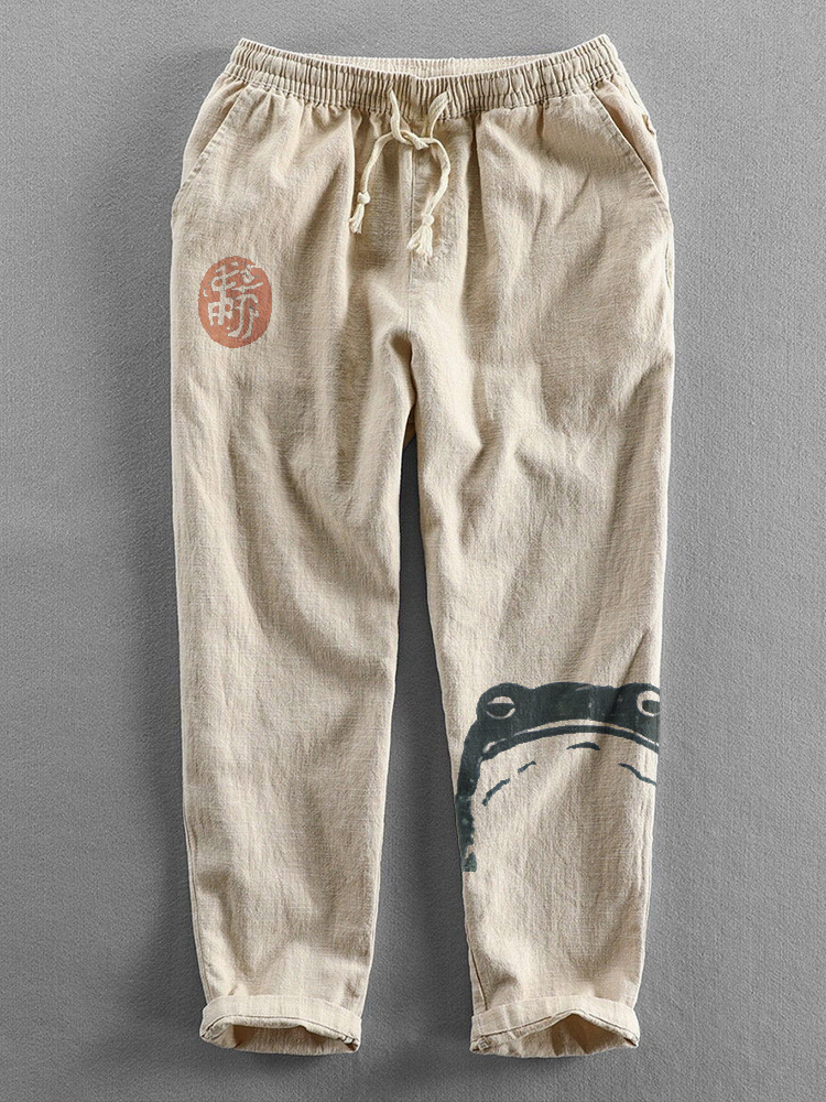 Japanese Art Frog Print Cozy Cotton Linen Pants