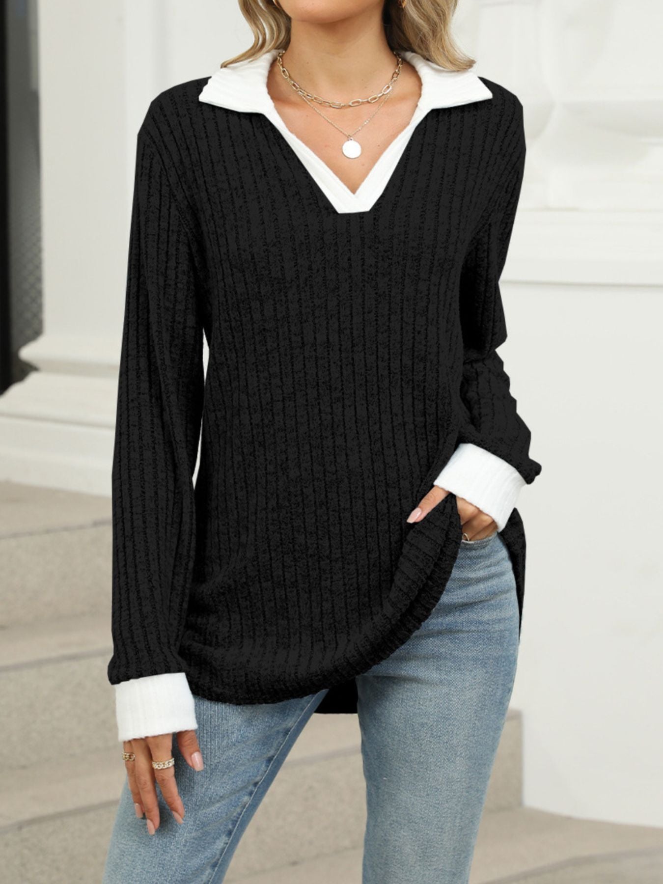 Ribbed Knit Long Sleeve T-Shirt