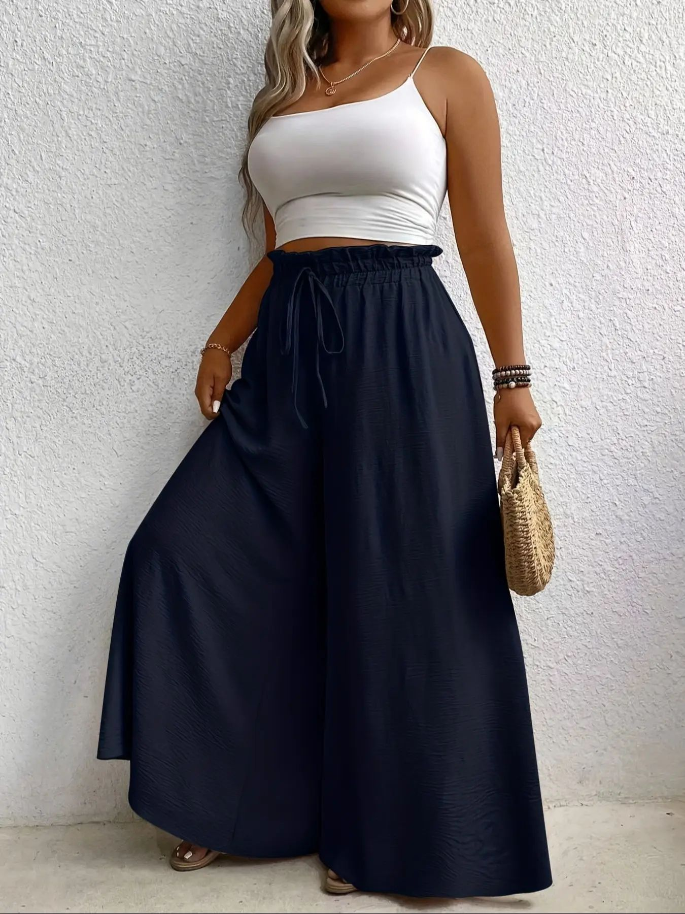 Elegant Plus Size Women's Wide Leg Pants, Loose Fit Commuter Style, Drapey Casual Trousers, Trendy Ladies Fashion