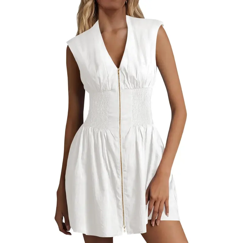 Women's Sleeveless Tank Mini Dress Casual Zip Front V Neck Loose Summer Smocked Dresses with Pockets