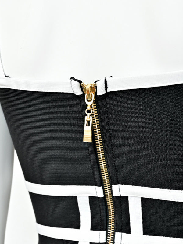 Halter Neck Contrast Black And White Geometric Bandage Long Dress Slim Retro Stretch Dress