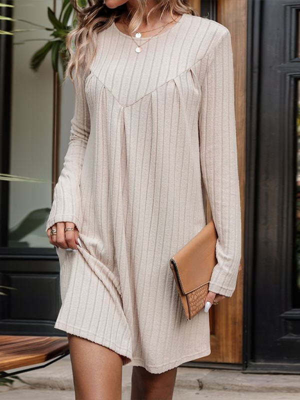 New Style Brushed Striped Knitted Skirt Long Sleeve Pleated Patchwork Dress