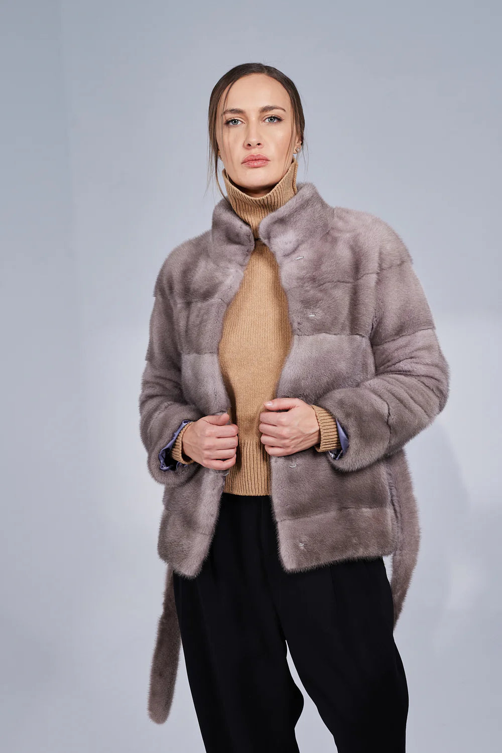 Haină din Blană Naturală de Vizon, cu Cordon, Femei, Silver Blue 194