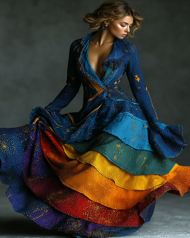 Women's fashionable bright rainbow tie-dyed cotton and linen dress  4585