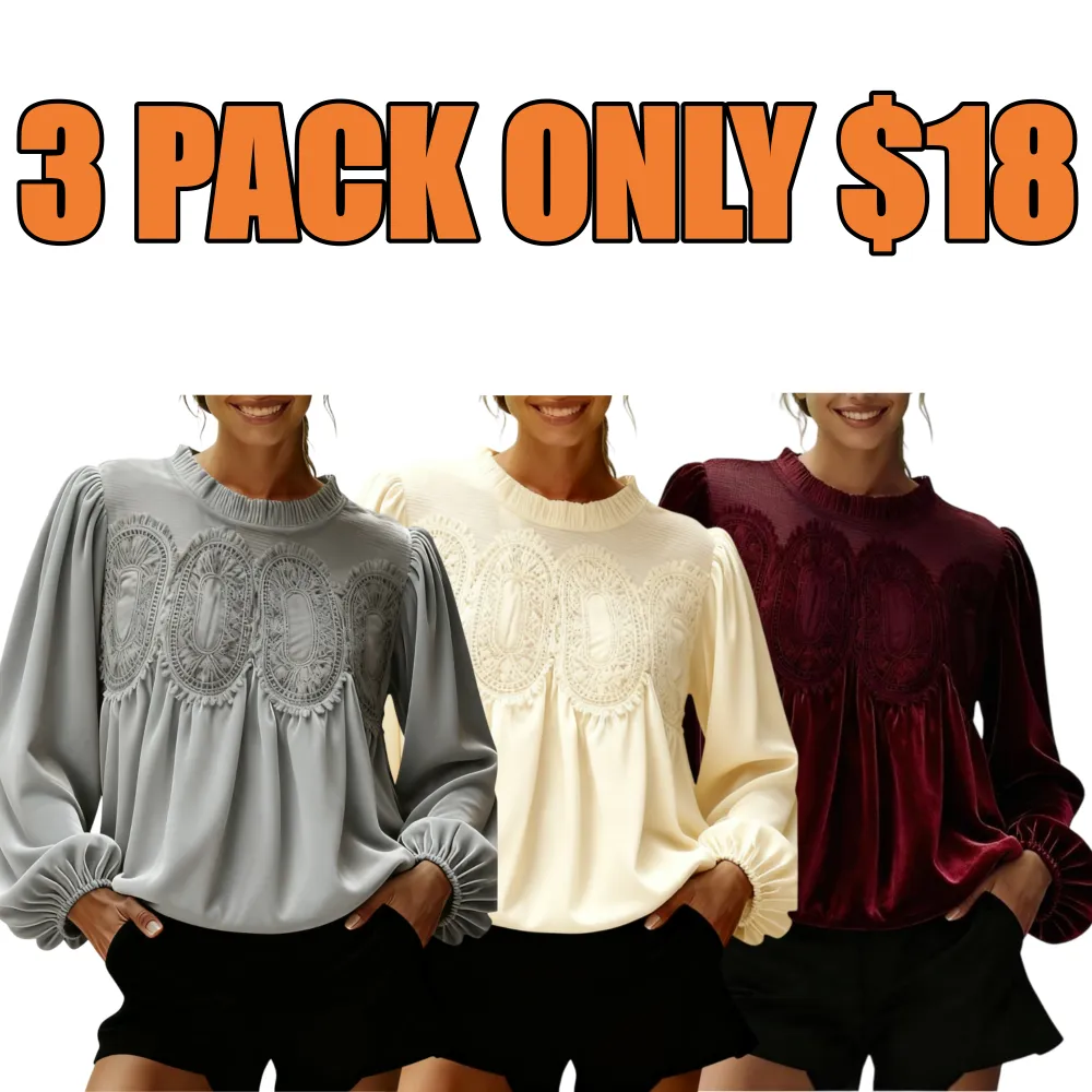 Women's Elegant Long-Sleeve Lace Velvet-Trim Swing Blouse