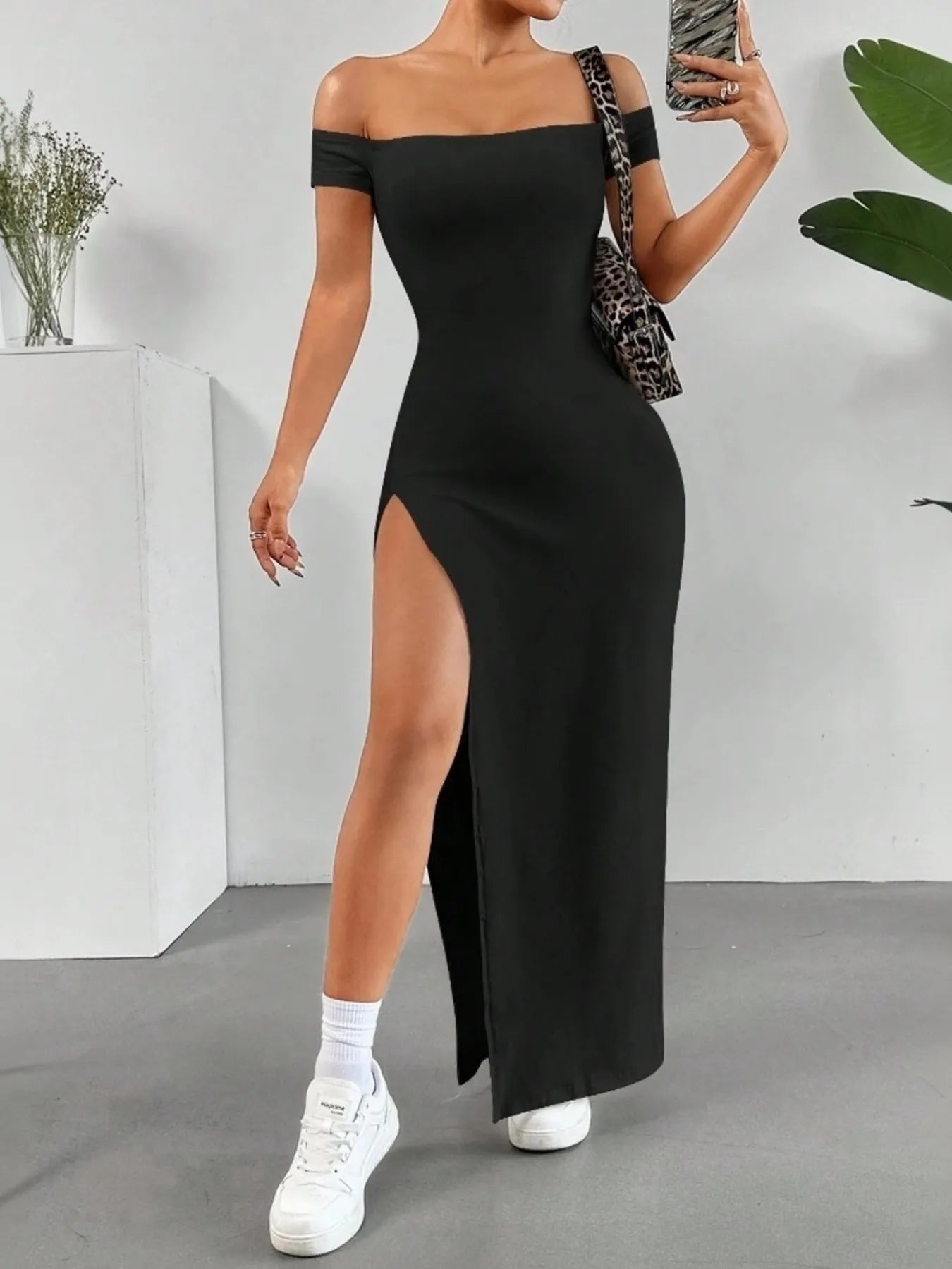 Off-Shoulder High Slit Bodycon Maxi Dress