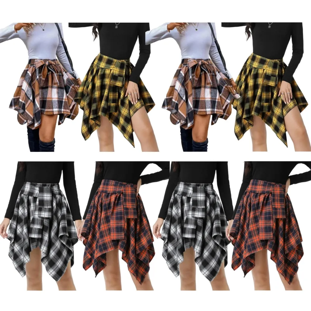 Women's Fashion Plaid Print Asymmetrical Hem High Waisted Skirt