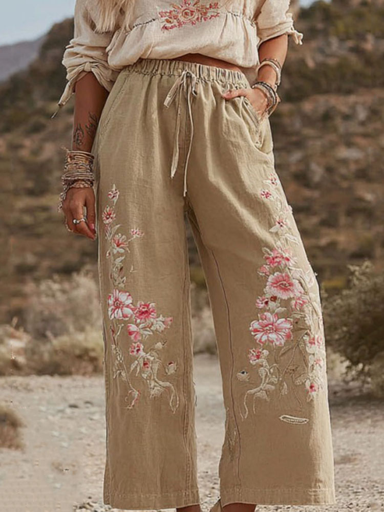 Women's Bohemian Rose Art Comfy Linen Pants