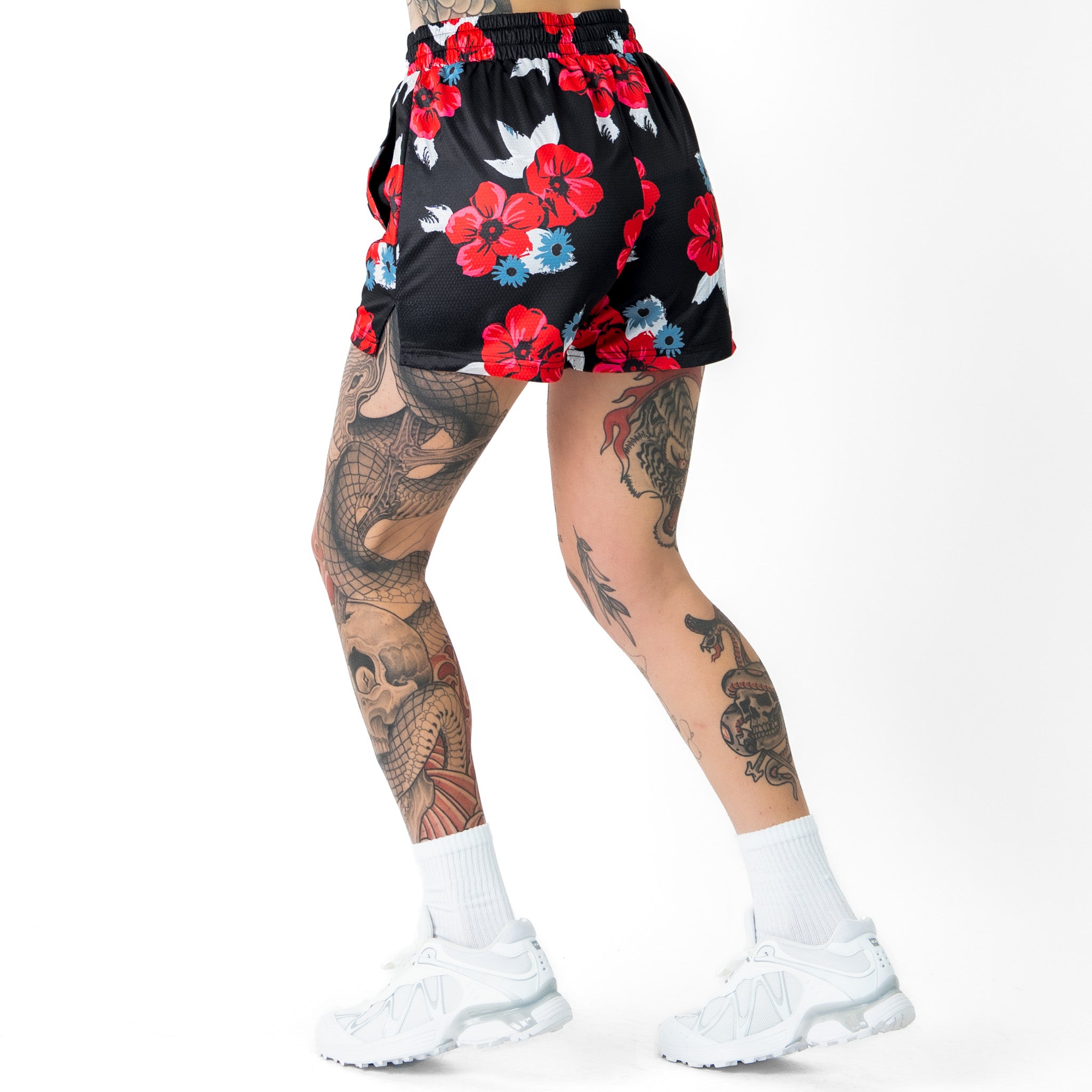 MUAY THAI SHORTS (MID THIGH CUT) FLORAL - BLACK