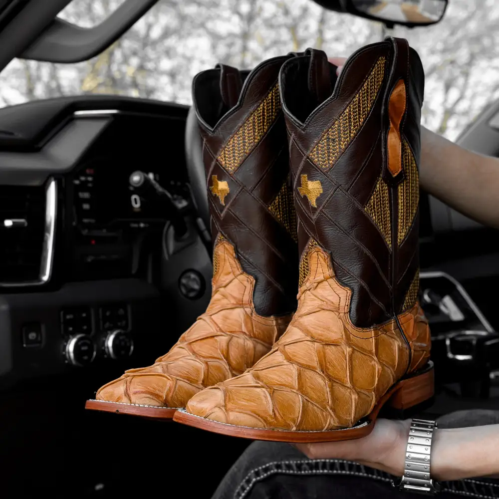 Honey Pirarucu Leather Boots - Square Toe