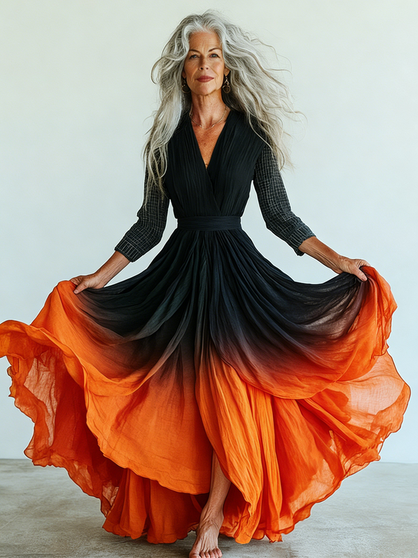 Embroidered Retro Loose Embroidered Printed Contrast Color Dress8638