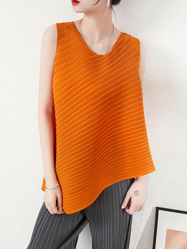 Simple Loose Sleeveless Pleated Asymmetric Solid Color Round-Neck Vest Top