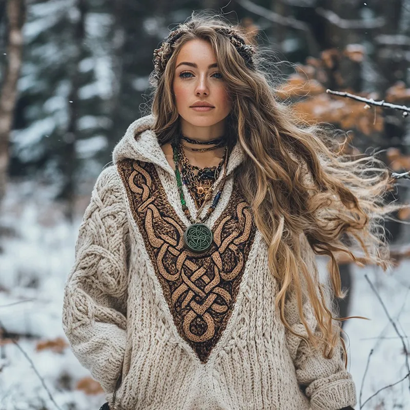 Women's Viking Celtic Knot Cozy Warm Knit Hooded Sweater