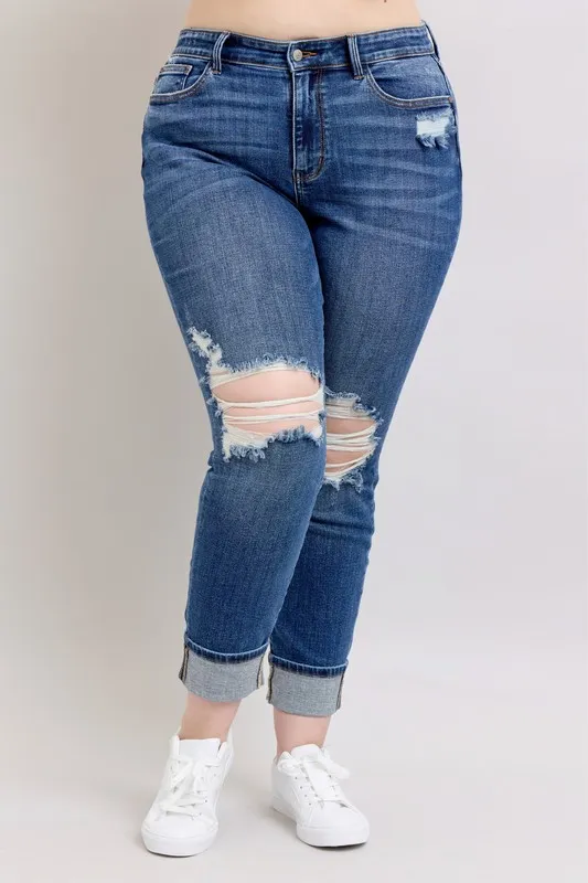 Blue Full Size Midi Rise Boyfriend destroy Jeans with Yoke Pockets and Faux Selvedge Cuff Plus Size