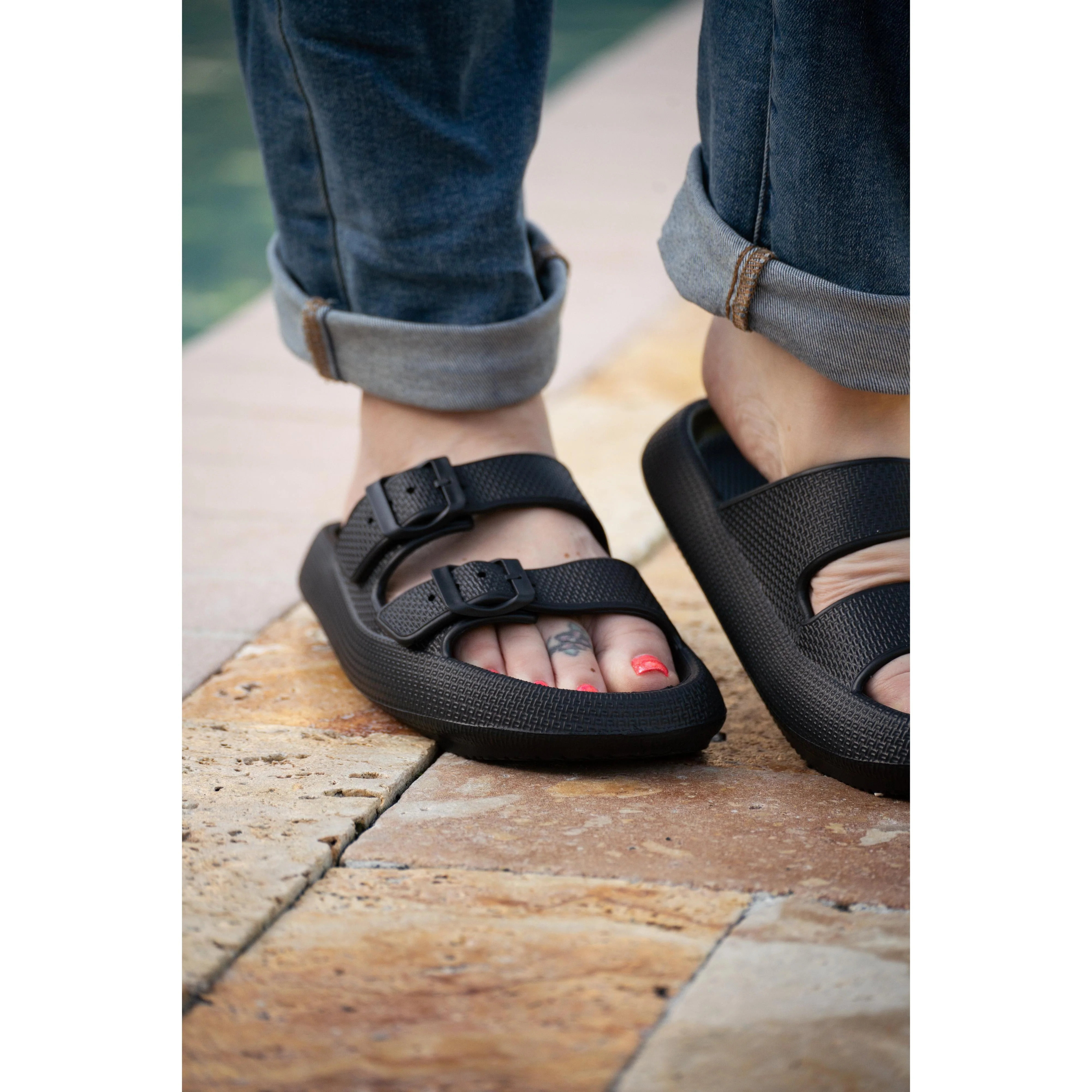 Black Buckle Slides