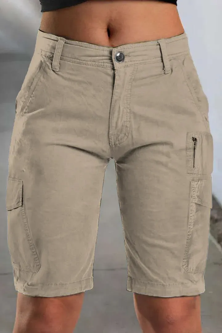 Solid Multi Pocket Mid Rise Bermuda Cargo Shorts