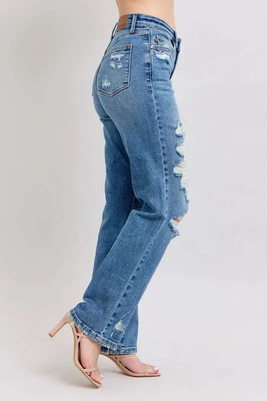 Blue Full Size High Waist Heavy Destroy Straight Jeans Plus Size