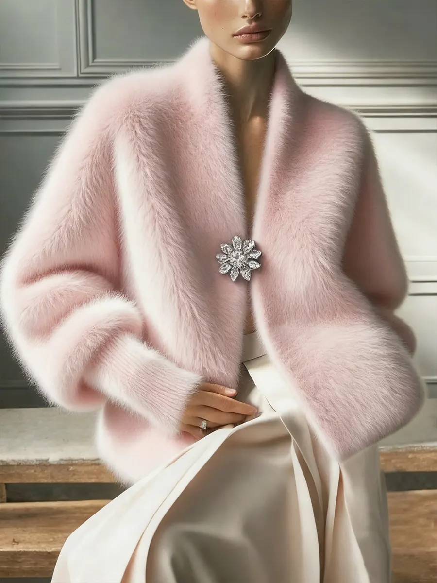 Women's Solid Color Cardigan Collar Casual Loose Cardigan Fur Coat