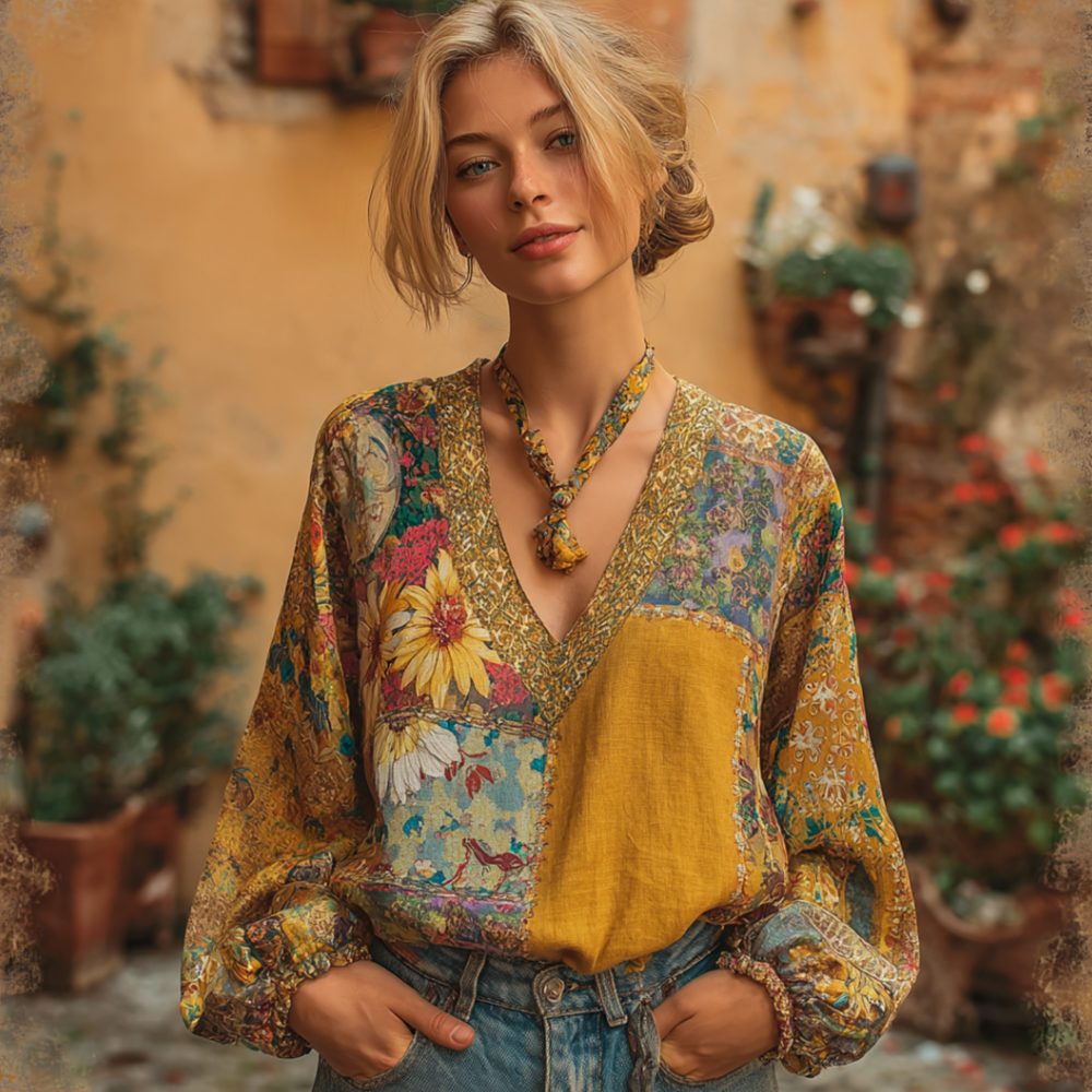Women's Bohemian Patchwork Art Floral V-neck Linen Long Sleeve Top