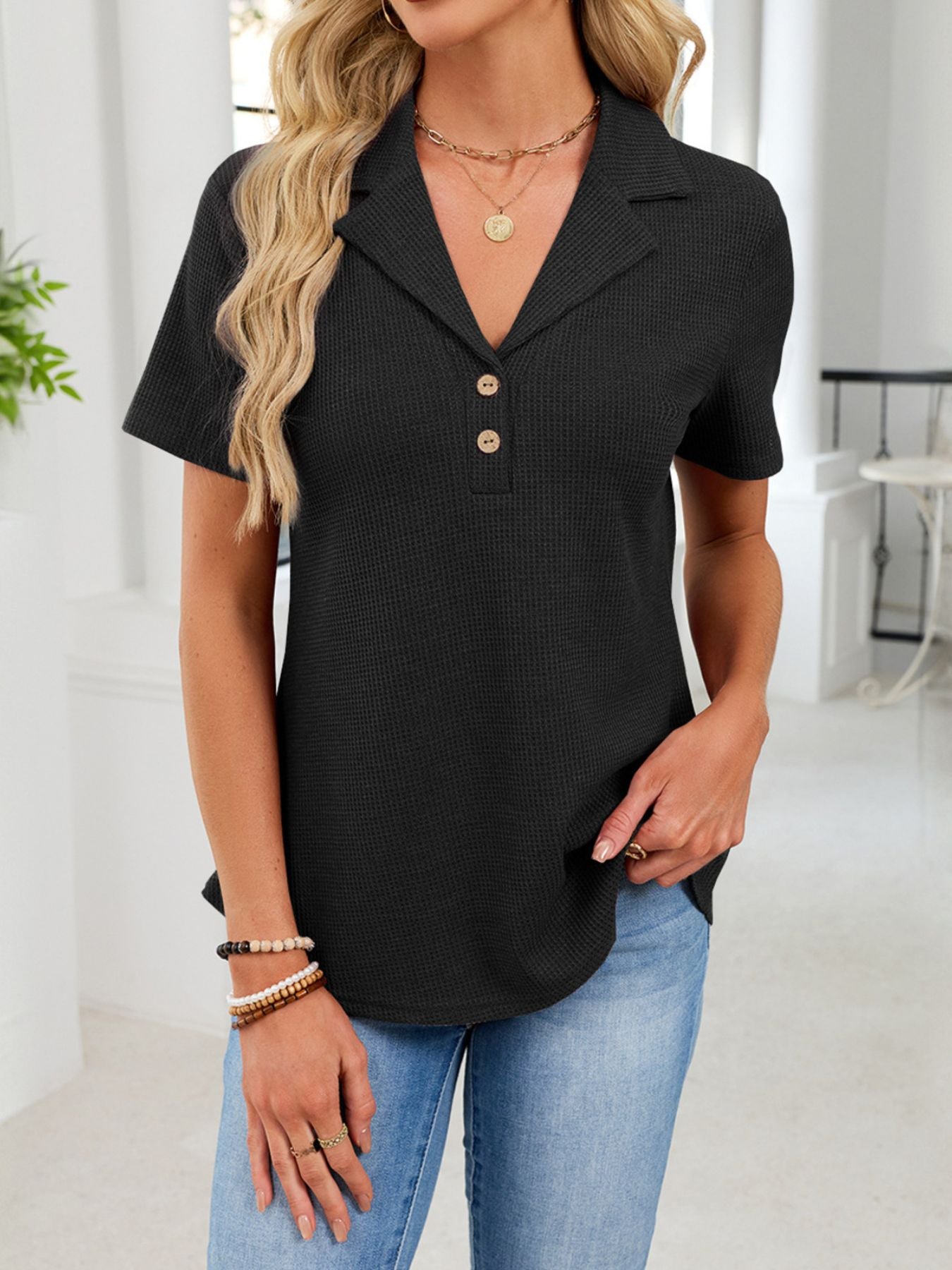 Waffle Knit Button Detail T-Shirt